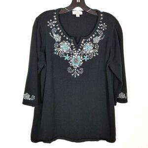 Quacker Factory Women' Plus Snowflake Beaded Pearl Tunic Sweater Sz 1X Black
